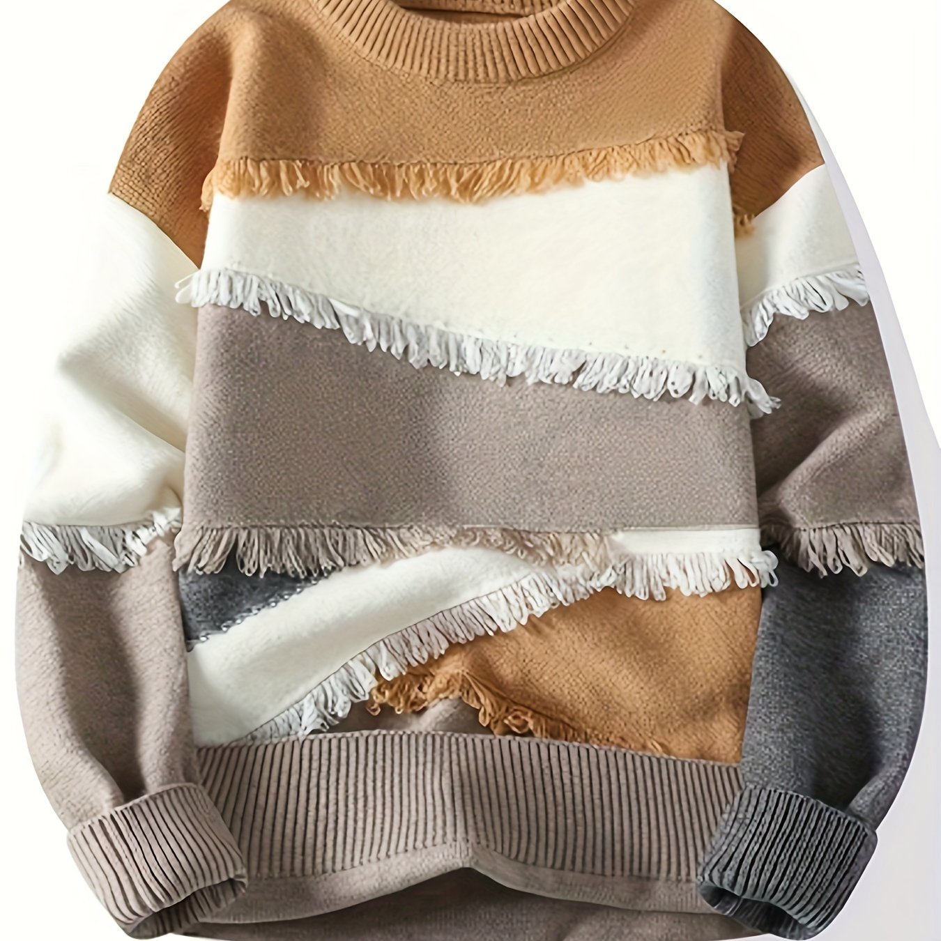 Pull Homme Col Rond Color Block à Franges Tricoté Décontracté