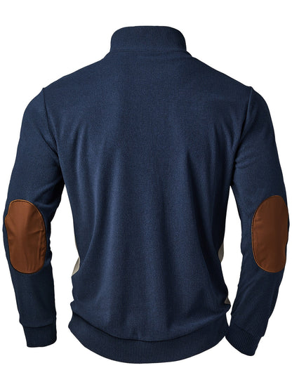 Pull Homme Col Montant Bleu Marine Crème avec Coudières Marron