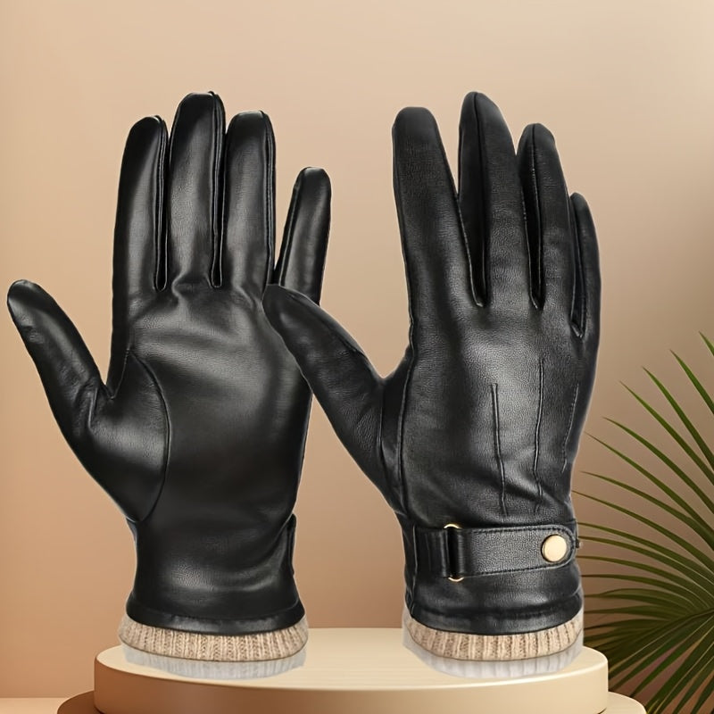Gants d'hiver unisexe marron avec manchette tricotée et sangle réglable