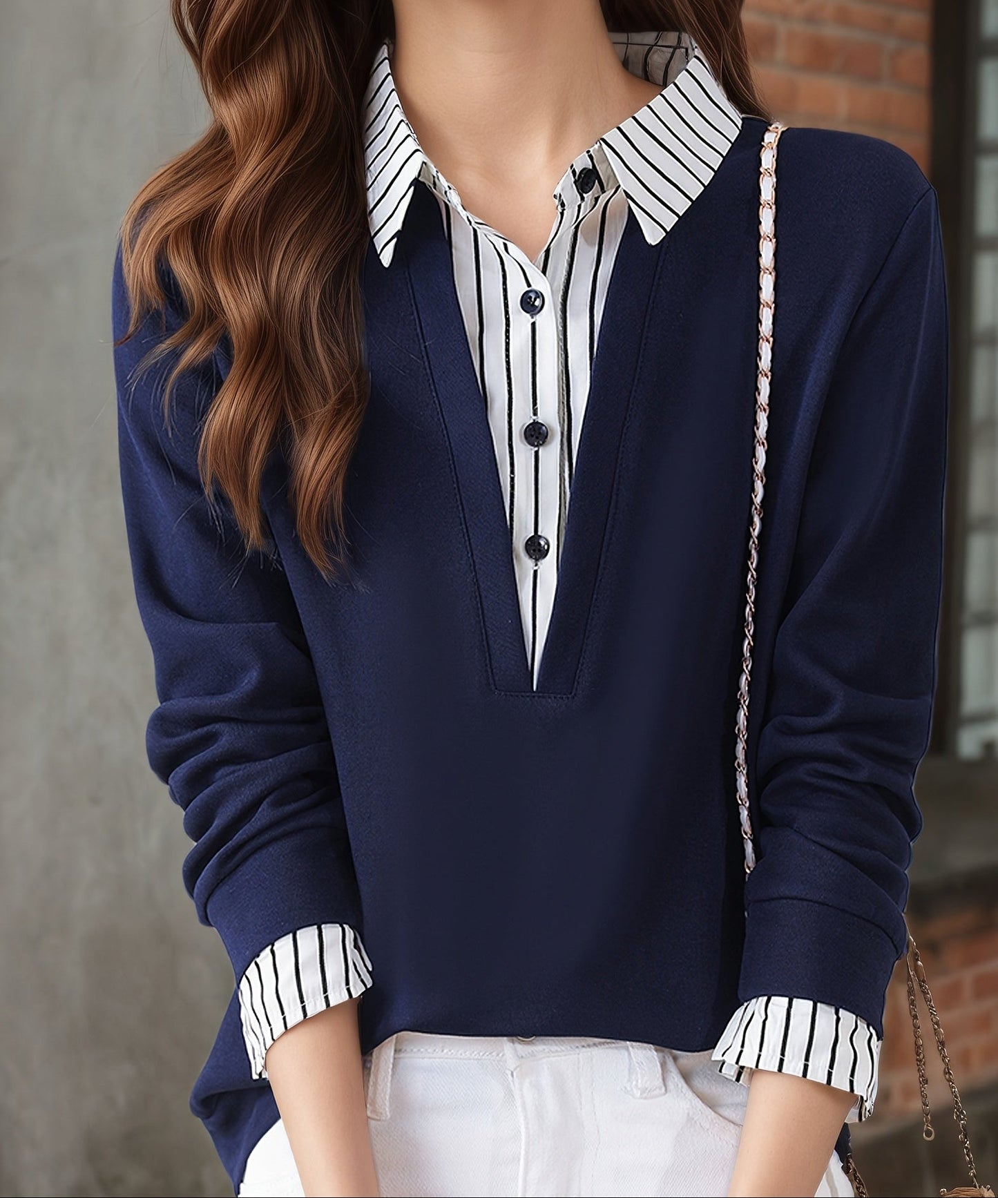 T-shirt Femme Col Chemise Rayé Manches Longues Faux Deux Pièces