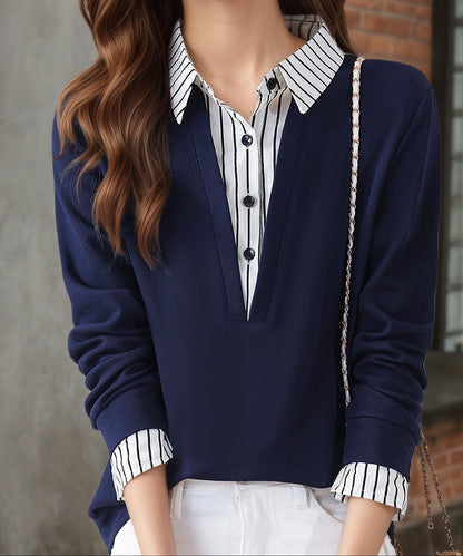 T-shirt Femme Col Chemise Rayé Manches Longues Faux Deux Pièces
