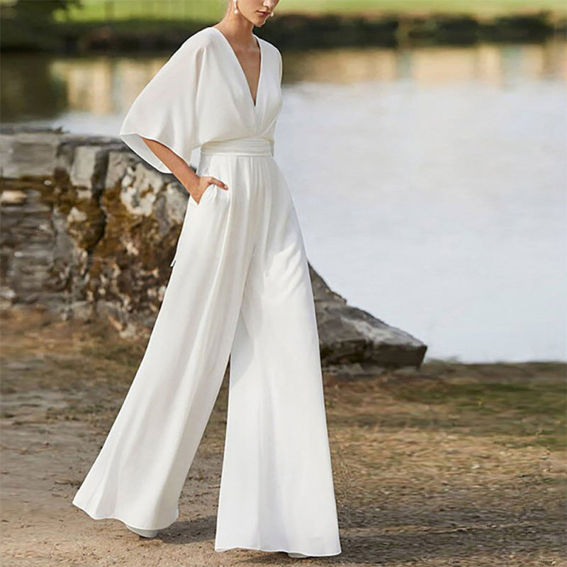 Sara – Salopette Donna Scollo a V Vita Alta Gambe Larghe