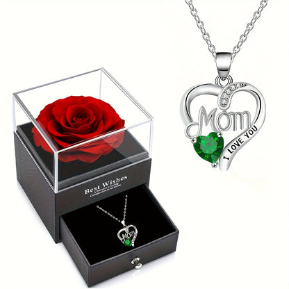 Collier Femme Pendentif Coeur 'Mom' avec Rose Éternelle – Cadeau Élégant pour la Fête des Mères