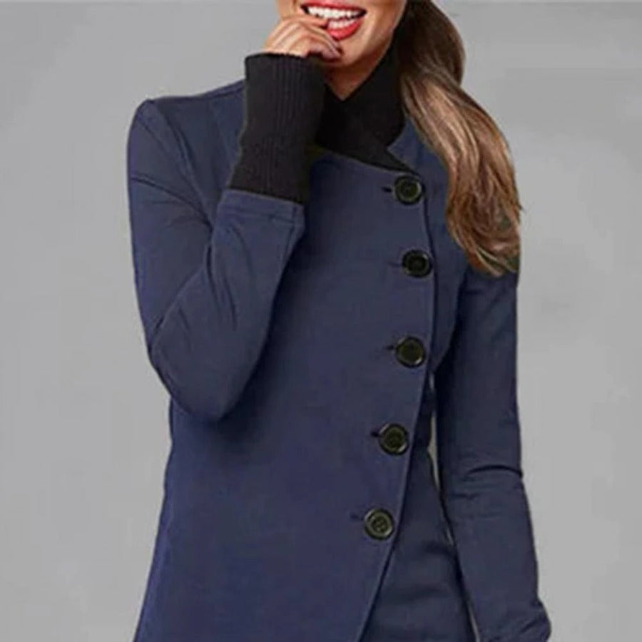 Chaqueta de mujer de corte asimétrico, con botones, cuello alto y mangas largas