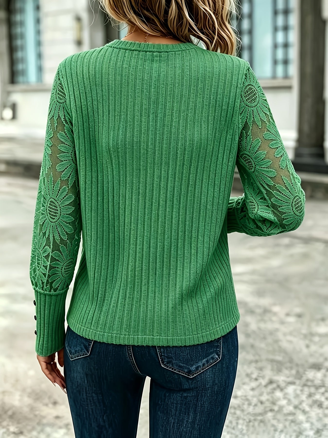 Haut côtelé femme manches bouffantes en dentelle florale couleur unie