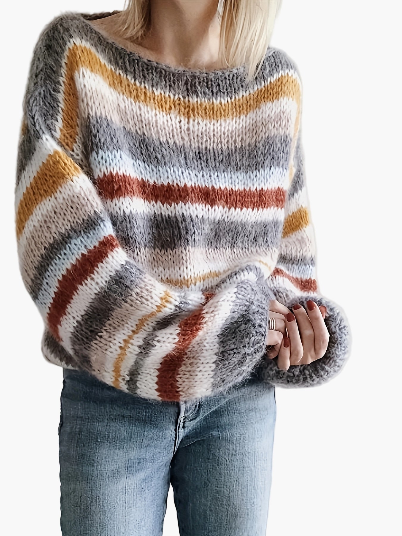 Pull d'hiver décontracté à rayures pour femme, coupe ample, manches longues, style moderne