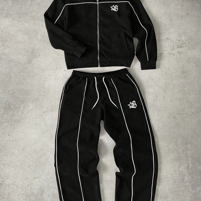 Ensemble de Survetement Homme Zip Complet à Rayures Contrastantes et Emblème Brodé