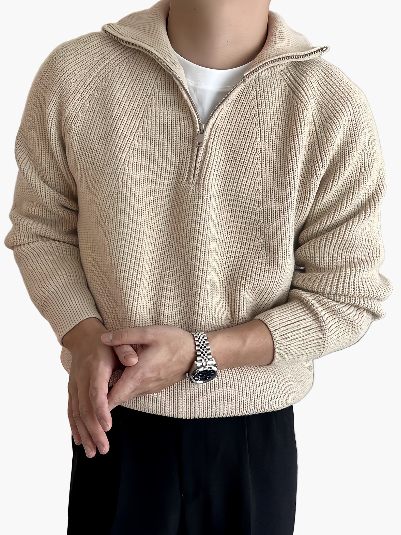 Męski sweter casual z zamkiem i nowoczesnym kołnierzem na jesień/zimę
