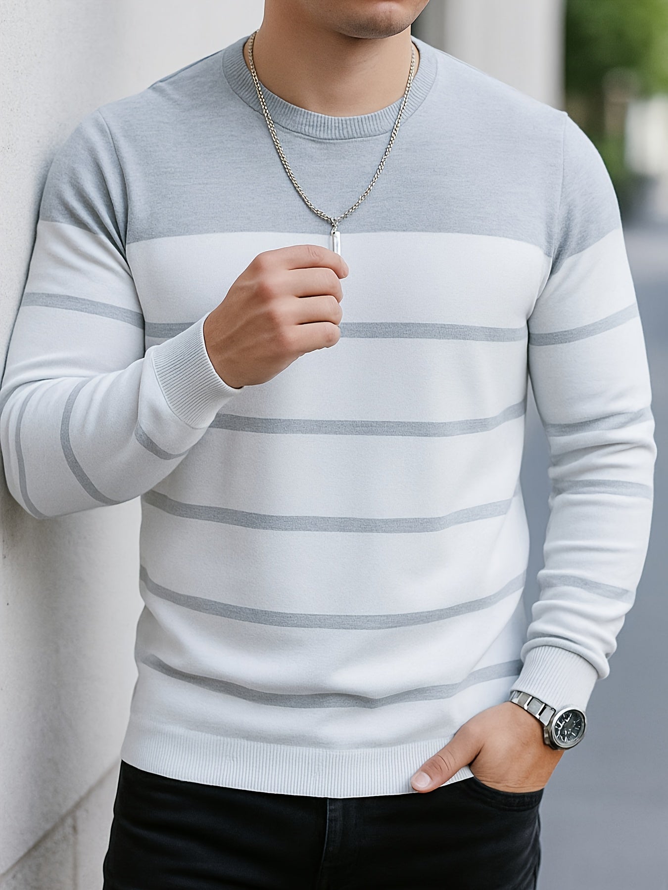 Pull Homme à Col Rond Rayé Vert Blanc Manches Longues Décontracté