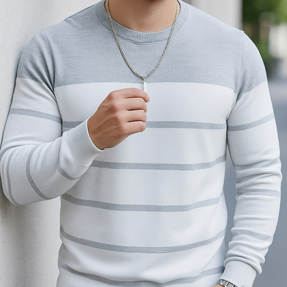 Pull Homme à Col Rond Rayé Vert Blanc Manches Longues Décontracté