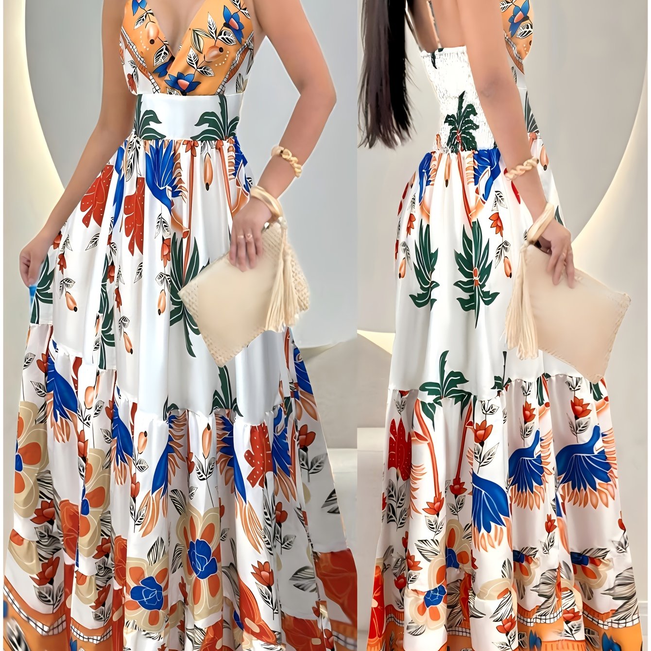 Robe longue bohème à imprimé tropical pour femme – style vacances et occasions estivales