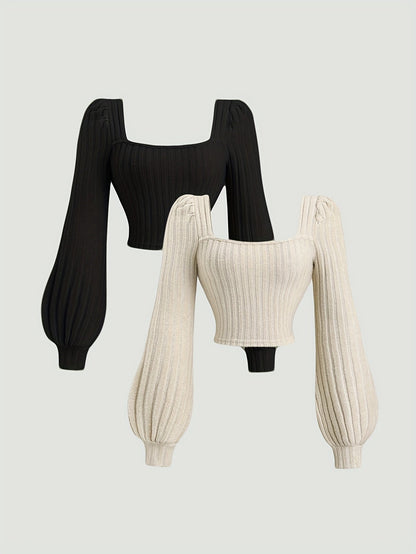 Haut côtelé court femme manches longues bouffantes col carré