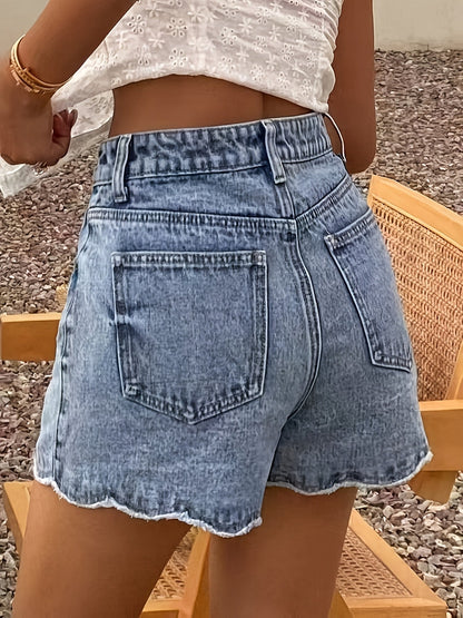 Damen-Jeansshorts im Casual-Stil mit hoher Taille, ausgestelltem Schnitt und gezacktem Saum für den Sommer