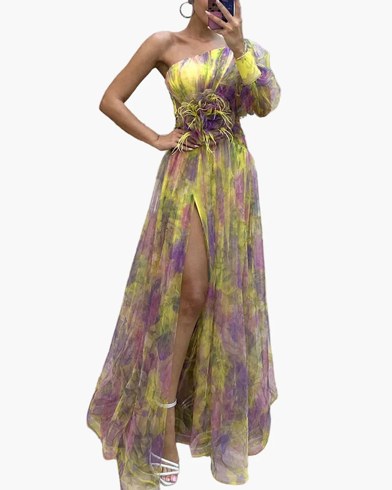 Robe longue élégante femme style soirée à une épaule avec fente et volant tendance
