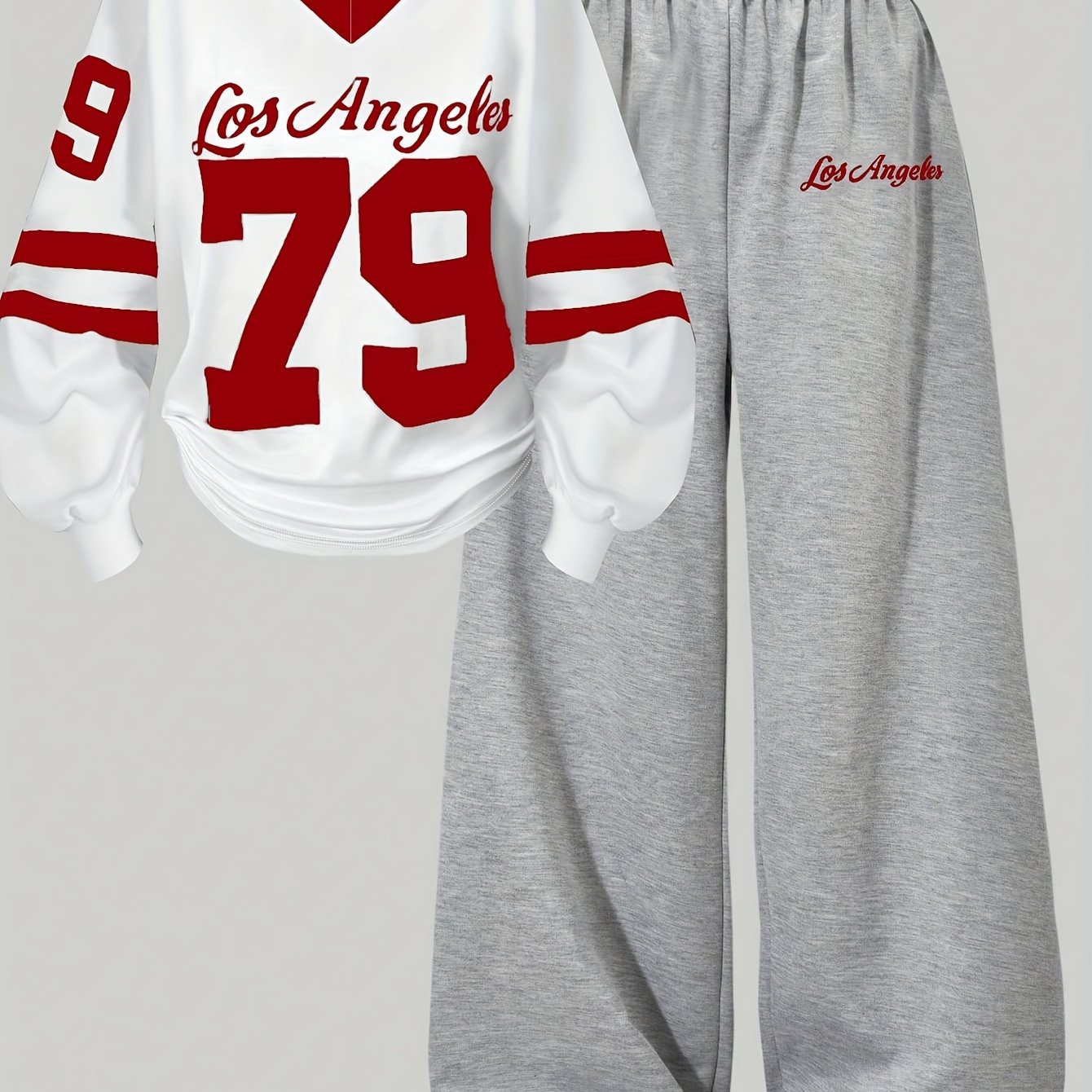 Ensemble Sport Décontracté Femme Col V Manches Longues & Pantalon Large Gris Los Angeles