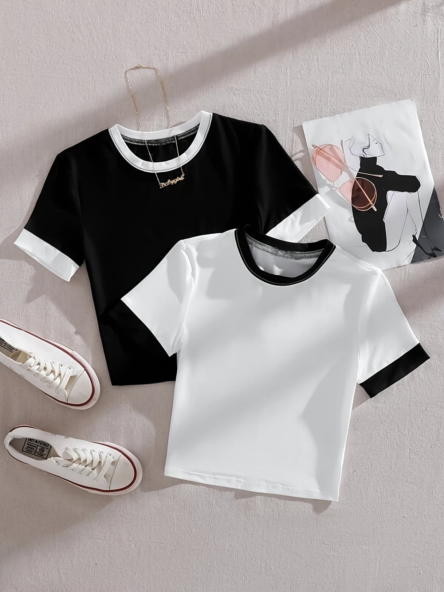 T-shirts style décontracté col rond manches courtes pour femmes - lot de 2