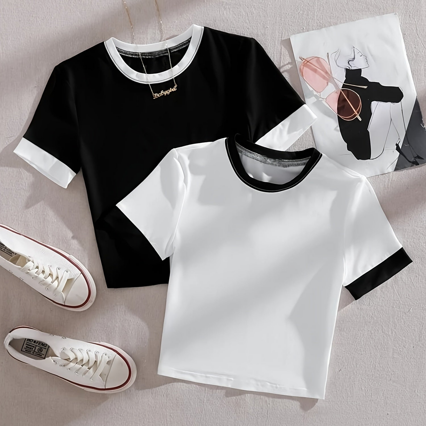 T-shirts style décontracté col rond manches courtes pour femmes - lot de 2