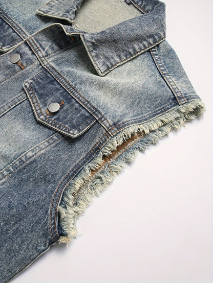Veste sans manches en denim délavé bleu pour homme avec boutons et poches