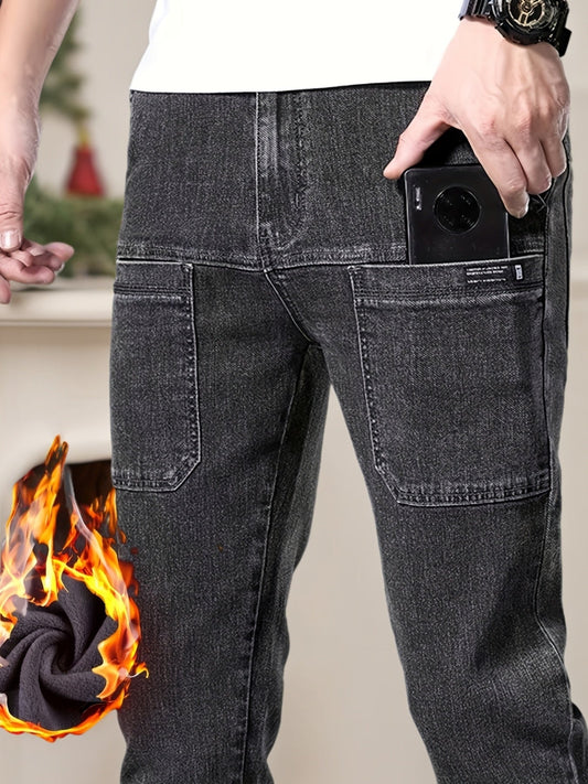 Jean Cargo Homme Hiver Doublé Polaire Coupe Droite Poches Multiples Couleur Unie