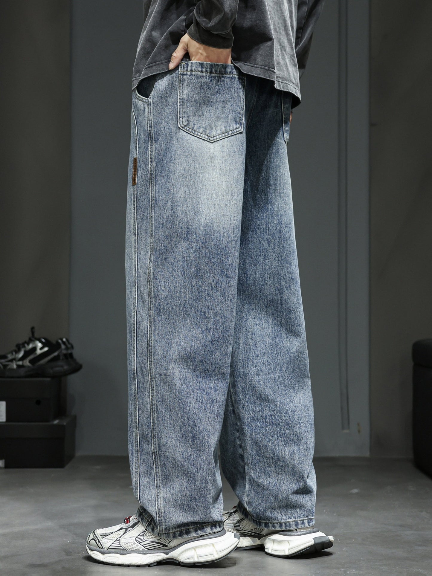 Losvallende brede jeans voor heren, casual stedelijke stijl