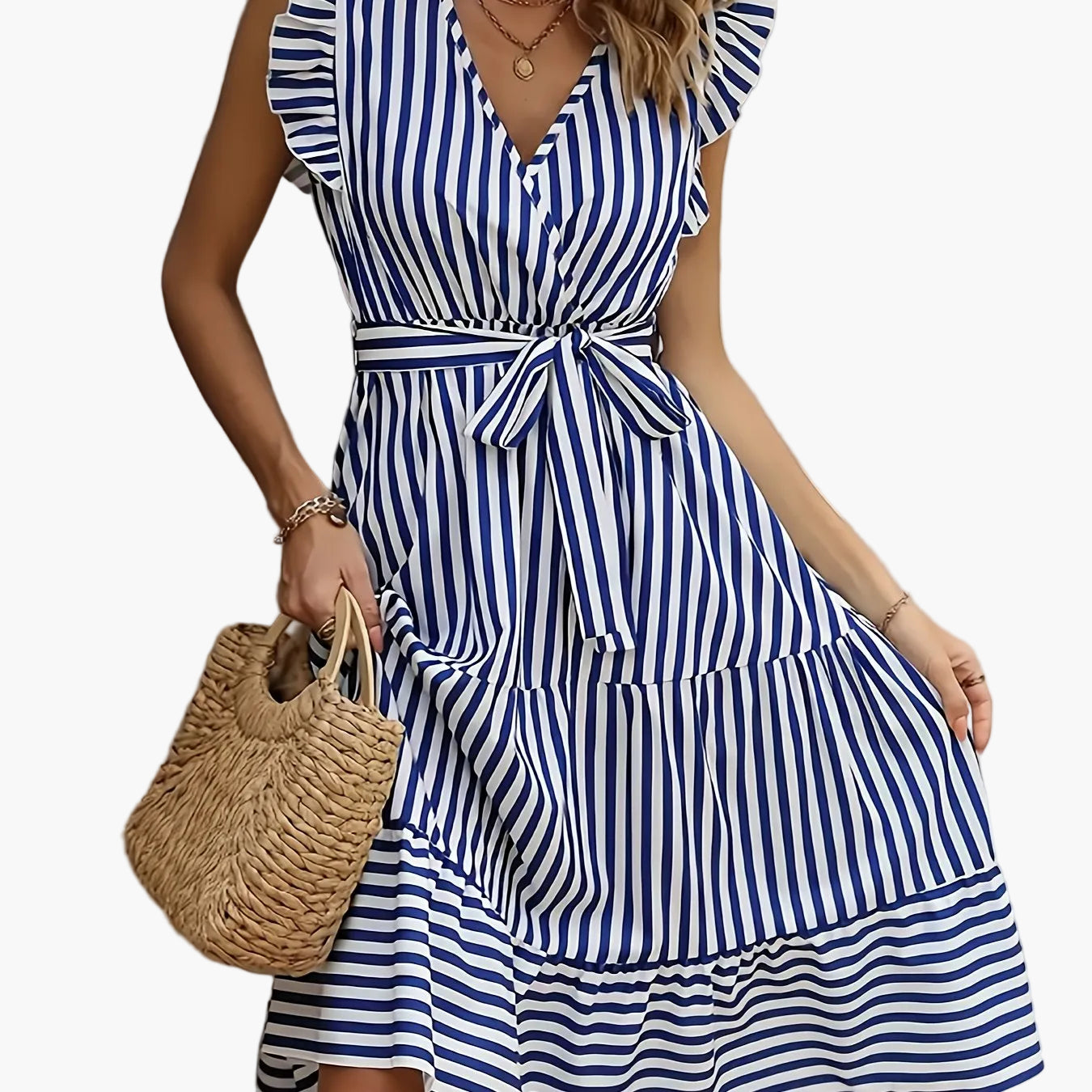 Robe portefeuille à rayures élégante sans manches pour femme – style estival chic