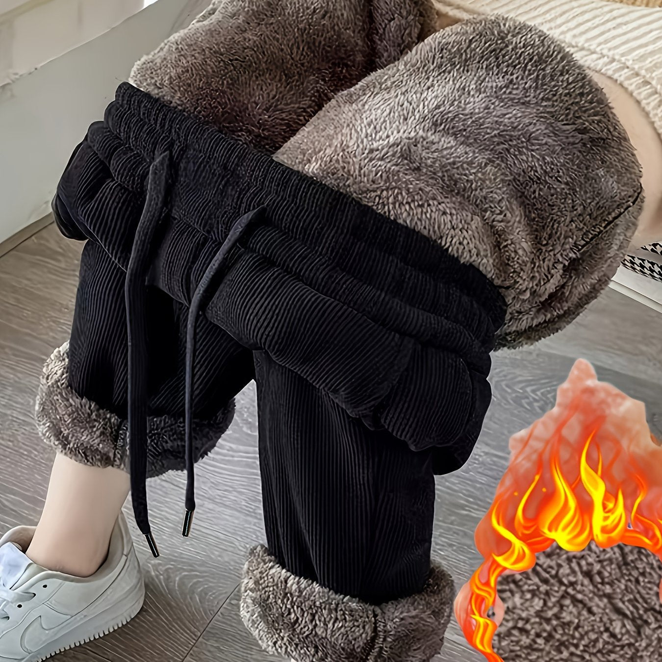 Pantalon en velours côtelé noir doublé polaire coupe ample