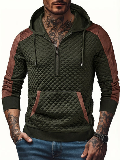 Sweat à Capuche Homme matelassé Noir Marron à Demi-Zip