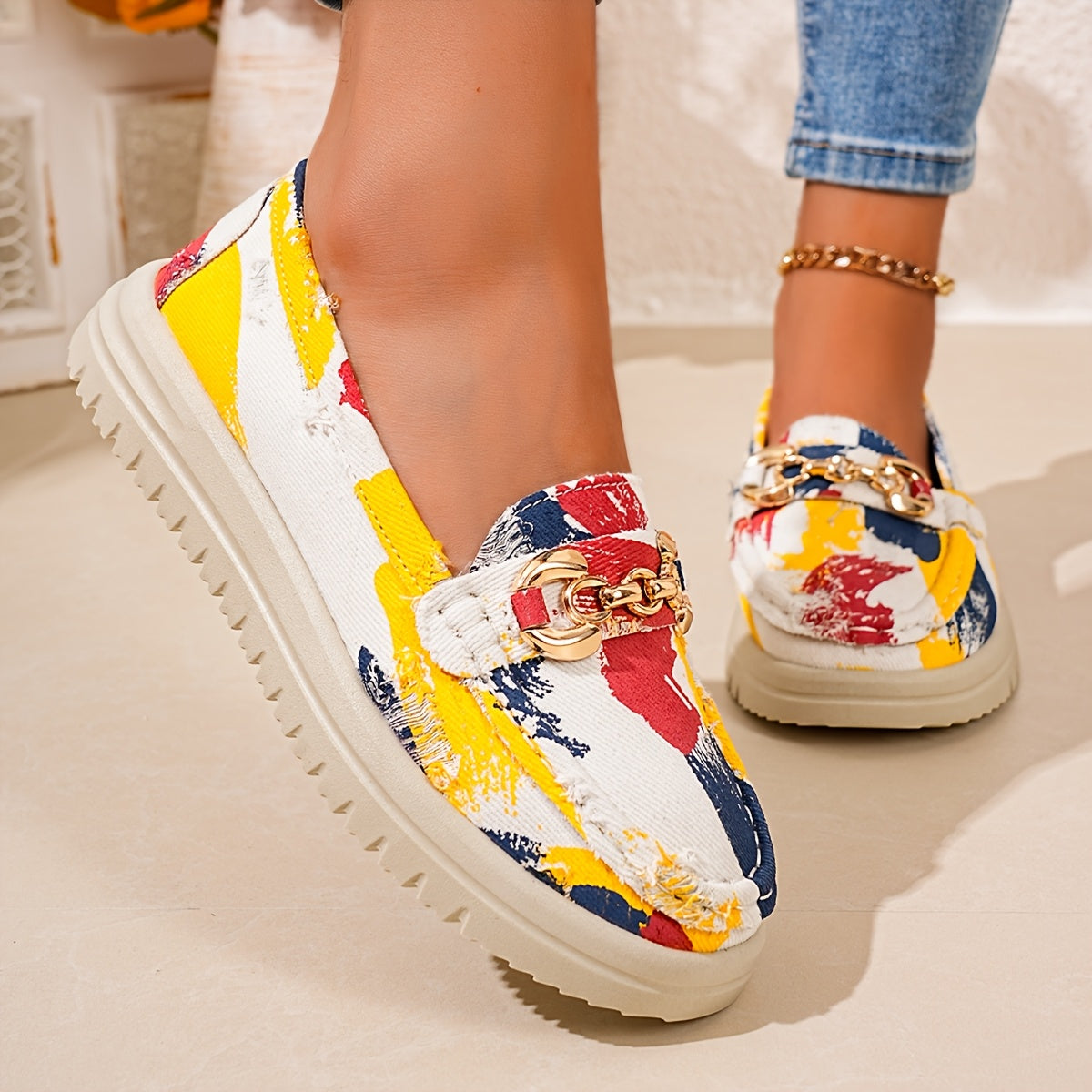 Mocassins Femme Style Décontracté Chic à Enfiler avec Chaîne Décorative – Mode Printemps