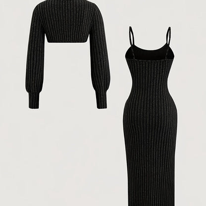 Ensemble Robe Midi Bretelles Fines & Boléro Court Manches Longues Maille Côtelée