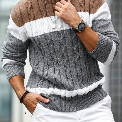 Pull homme tricoté à motifs tressés, rayures marron, blanc et gris