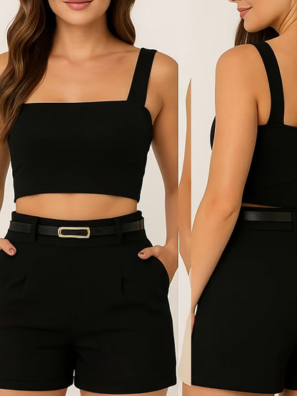 Ensemble élégant pour femme – Top court à bretelles larges et short taille haute avec ceinture – Tenue chic estivale