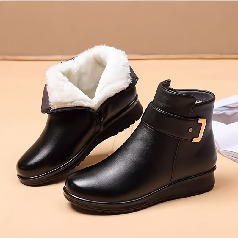 Bottes courtes femme noires doublées fausse fourrure avec boucle