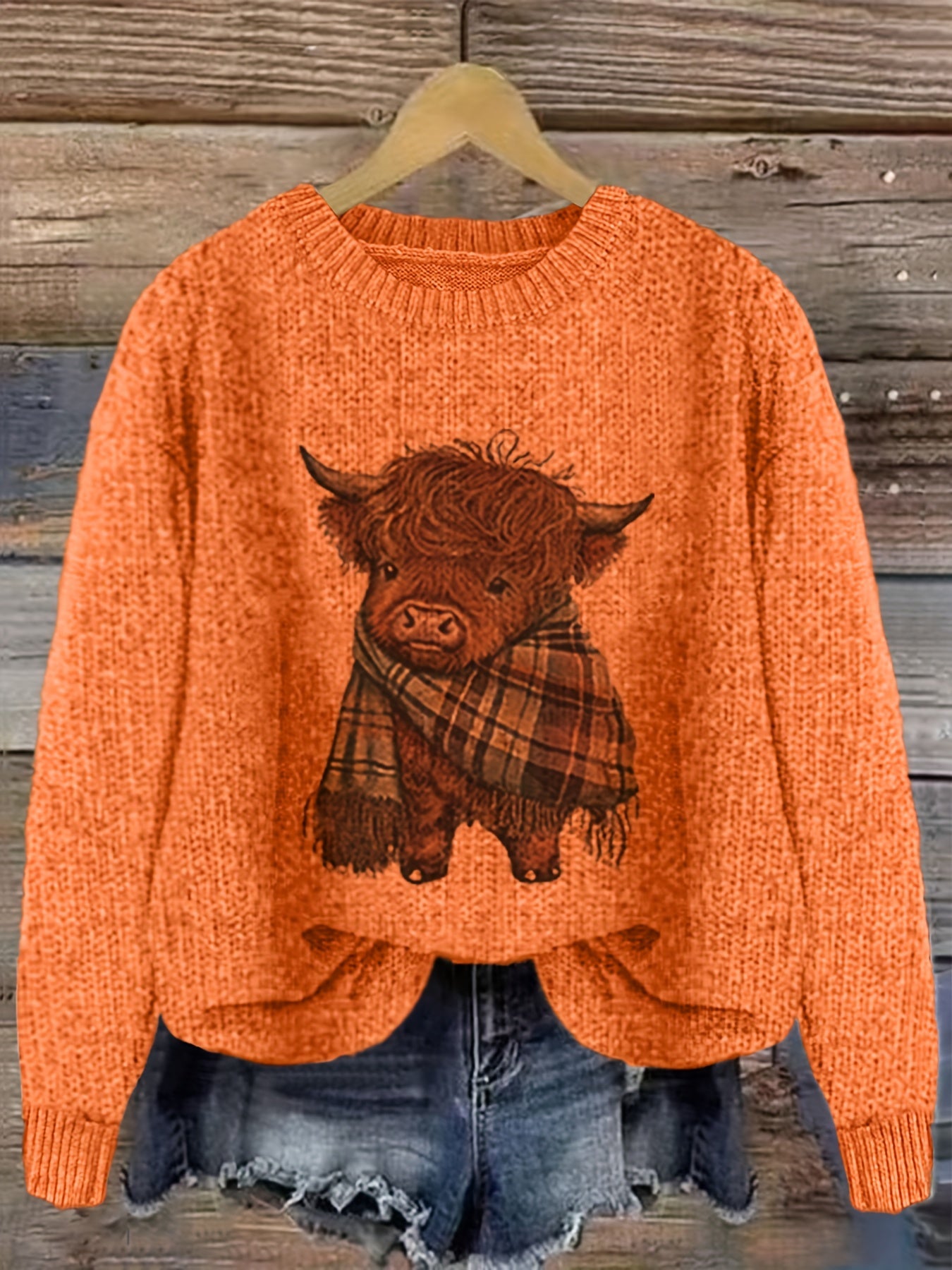 Women's Crew Neck Highland Cow Graphic Pullover Sweater
