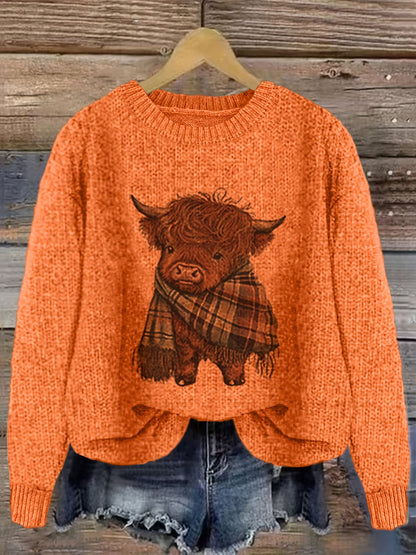 Women's Crew Neck Highland Cow Graphic Pullover Sweater