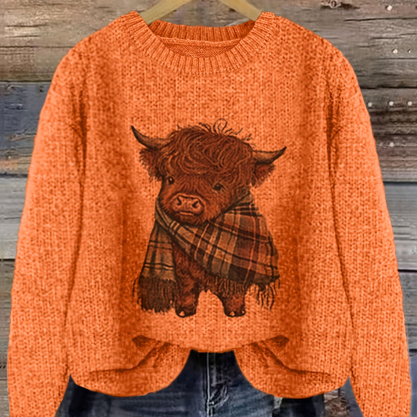 Women's Crew Neck Highland Cow Graphic Pullover Sweater