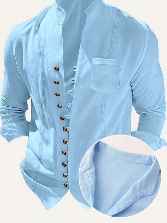 Chemise décontractée pour homme à col montant style vintage pour week-end et loisirs