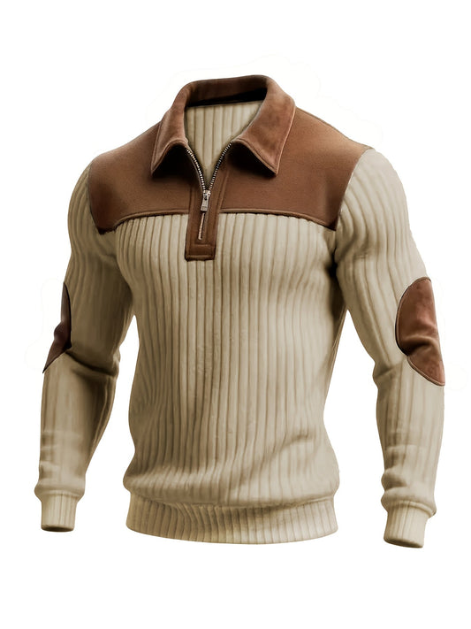 Pull homme côtelé col polo zippé empiècements contrastants coudes et épaules