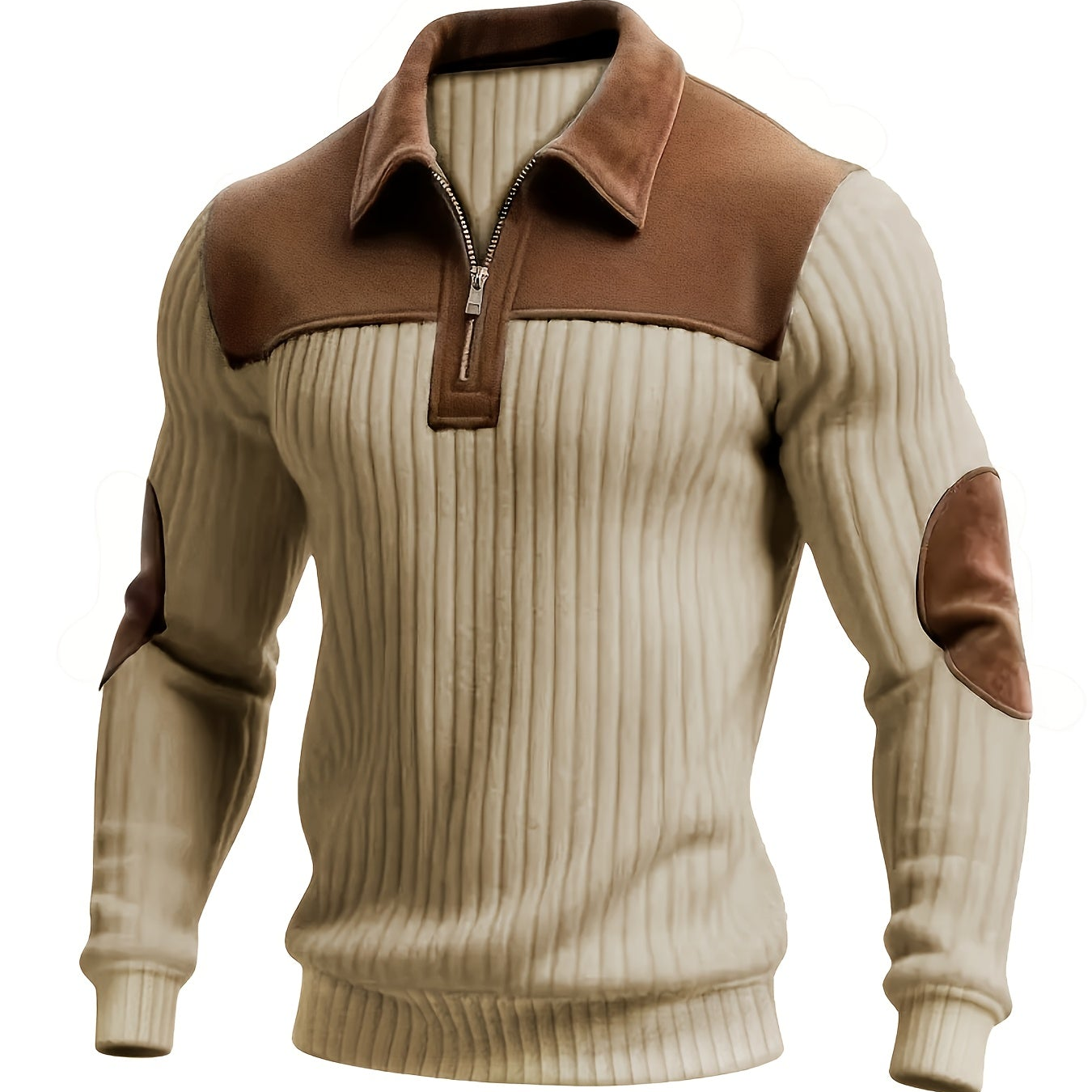 Pull homme côtelé col polo zippé empiècements contrastants coudes et épaules