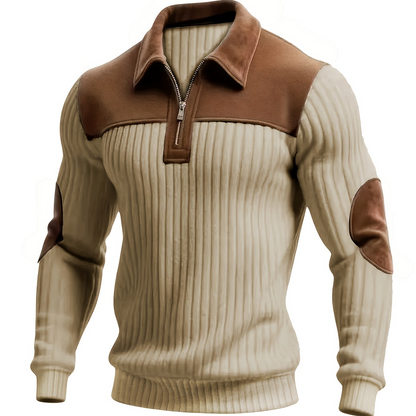 Pull homme côtelé col polo zippé empiècements contrastants coudes et épaules