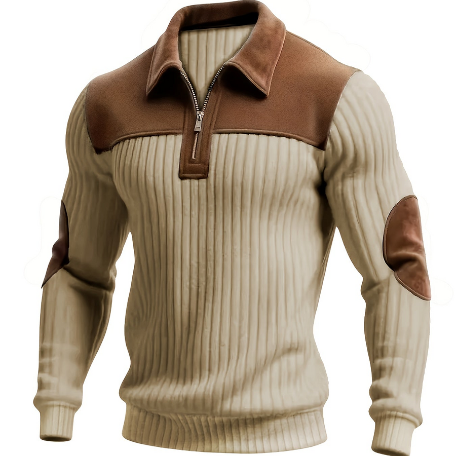 Men's ribbed polo-neck sweater with a zip, contrasting elbow and shoulder panels