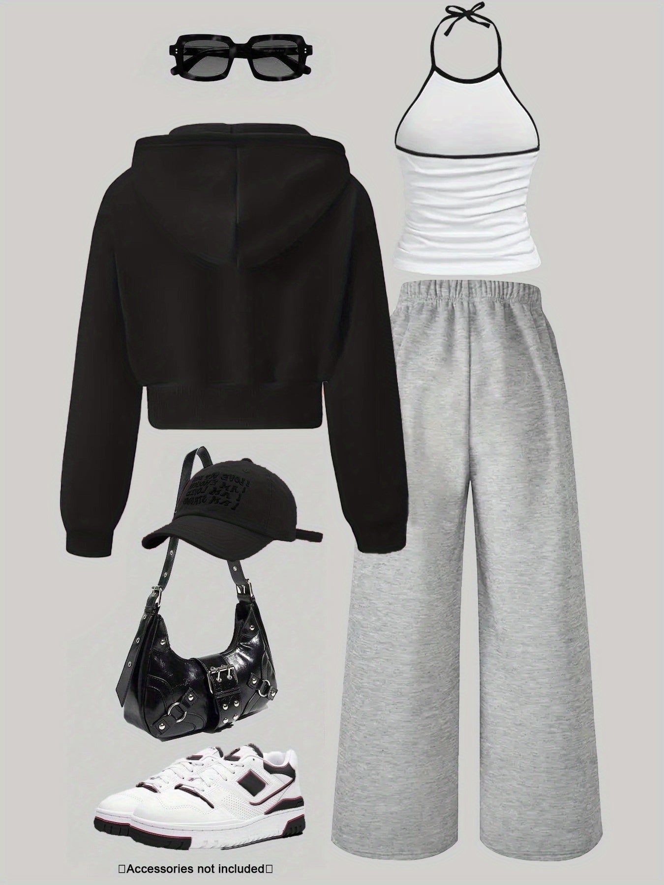 Ensemble Sportif Décontracté Femme 3 Pièces : Sweat à Capuche Court Zippé, Débardeur Halter et Pantalon Large Molletonné
