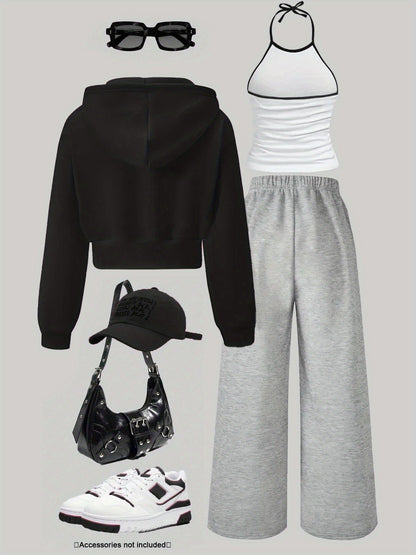 Ensemble Sportif Décontracté Femme 3 Pièces : Sweat à Capuche Court Zippé, Débardeur Halter et Pantalon Large Molletonné