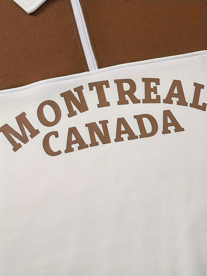 Sweatshirt Polo Bicolore Homme avec Fermeture Éclair Courte et Inscription "MONTREAL CANADA"