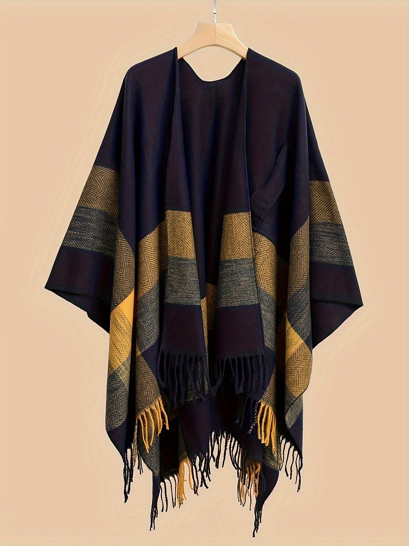 Women's Fringe Trim Open Front Poncho Cape