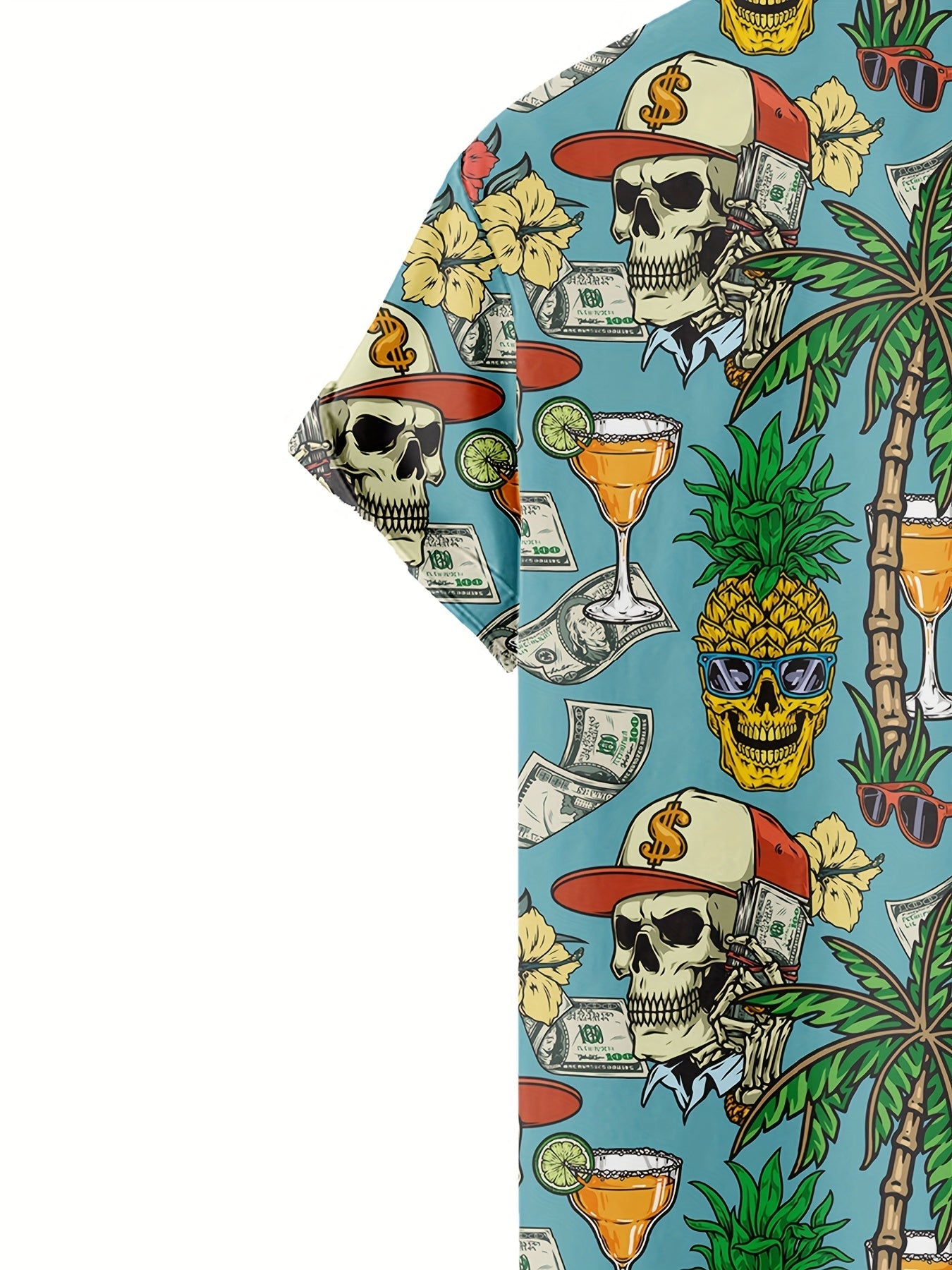 Hawaiihemd für Herren mit tropischem Motiv, Totenkopf und Dollarzeichen – lässiger Sommer-, Strand- und Urlaubsstil  