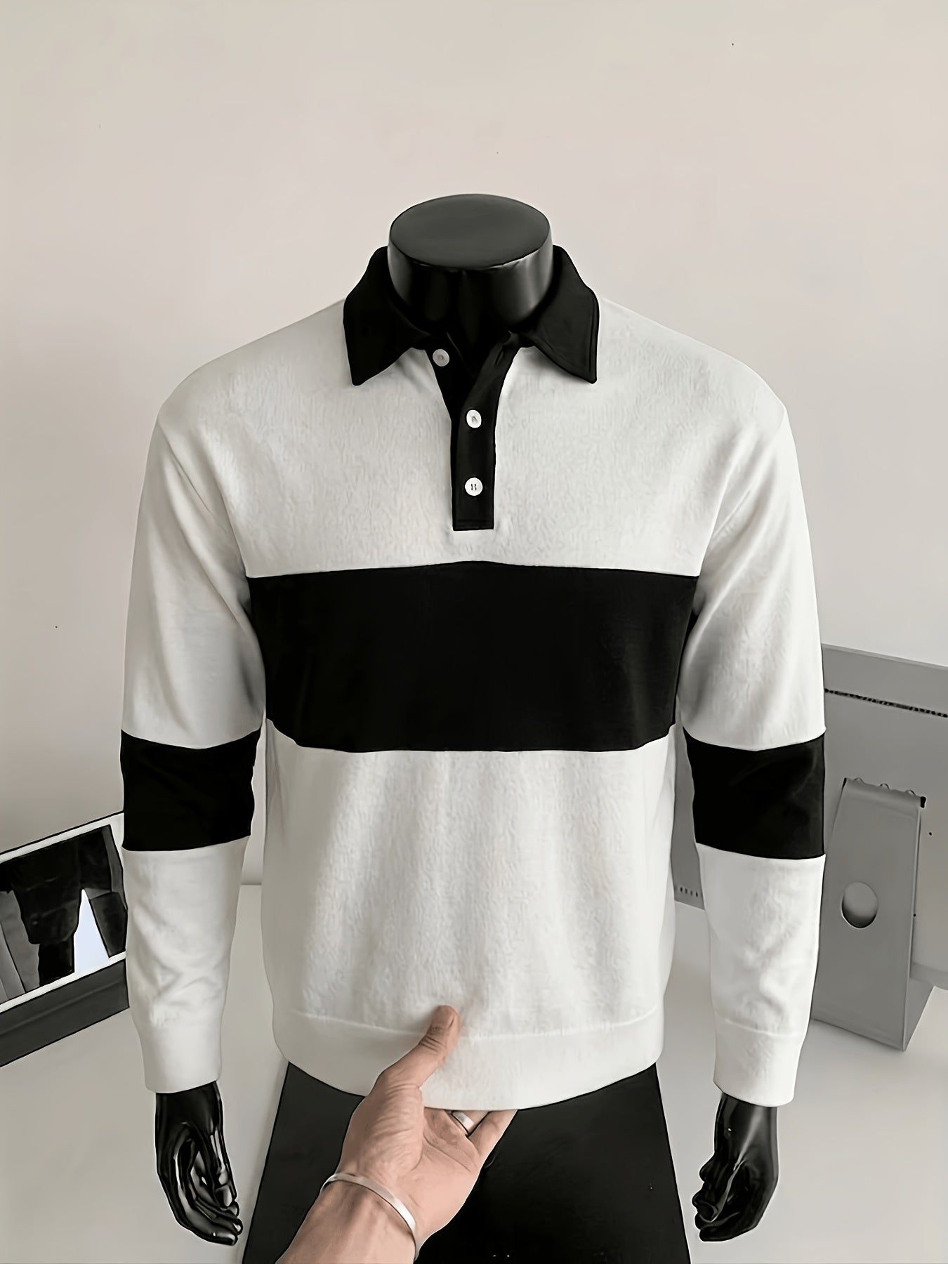 Polo à manches longues homme bicolore rayé col noir