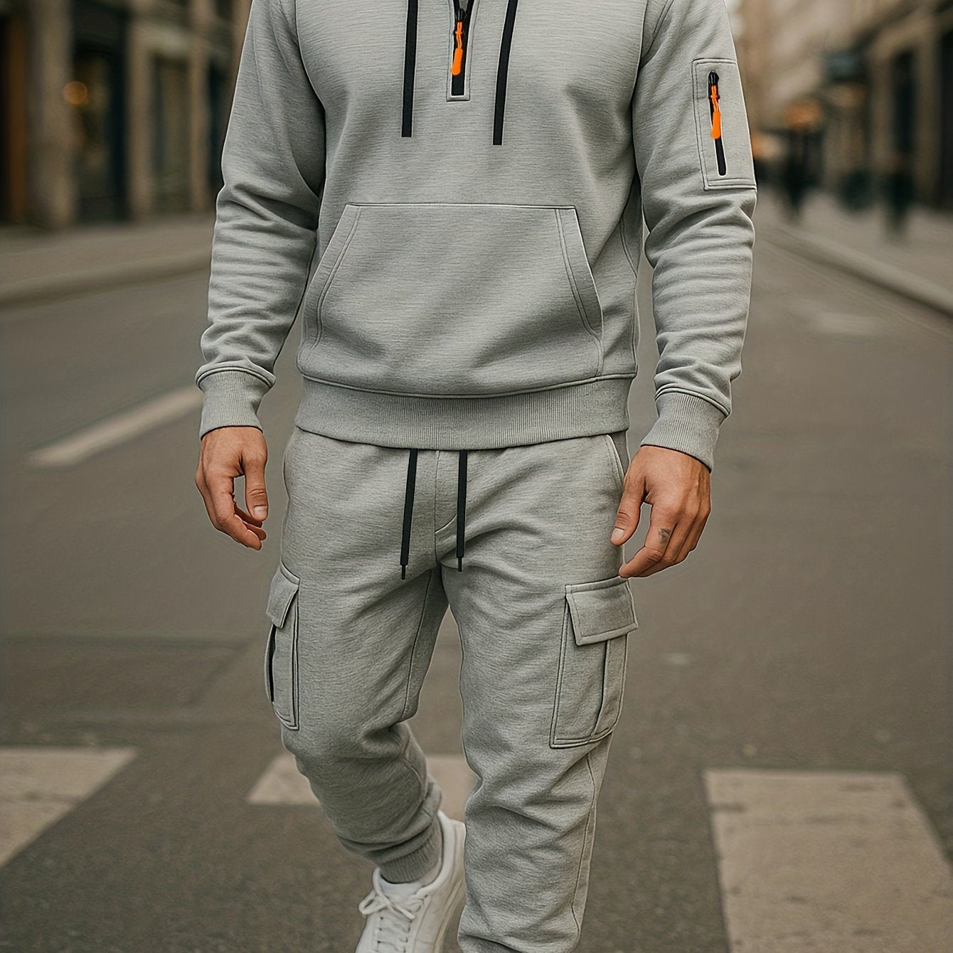 Ensemble Homme Survêtement Capuche et Pantalon Cargo Molletonné Uni