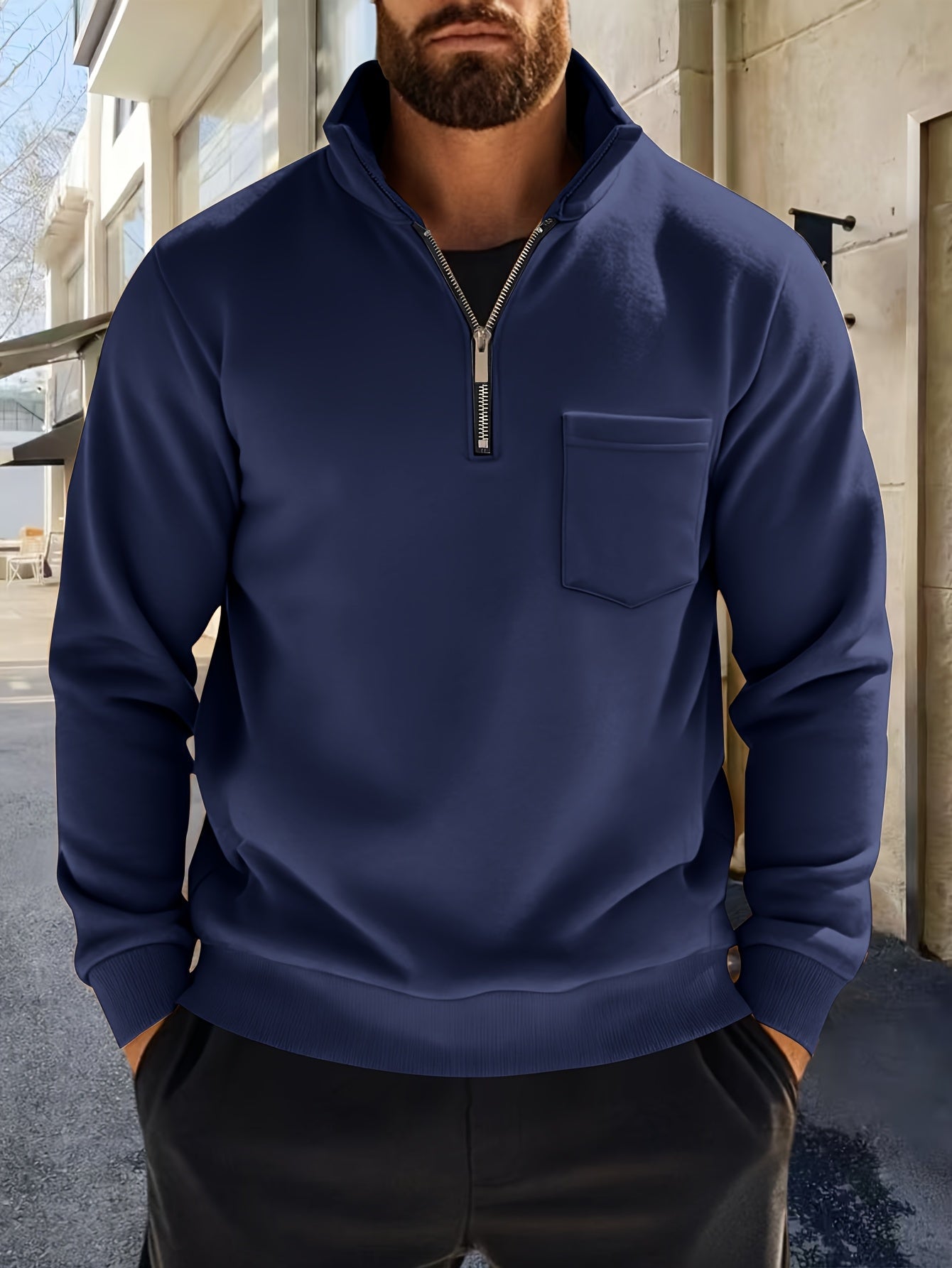 Sweat-shirt Homme Col Montant Zippé avec Poche Poitrine Couleur Unie