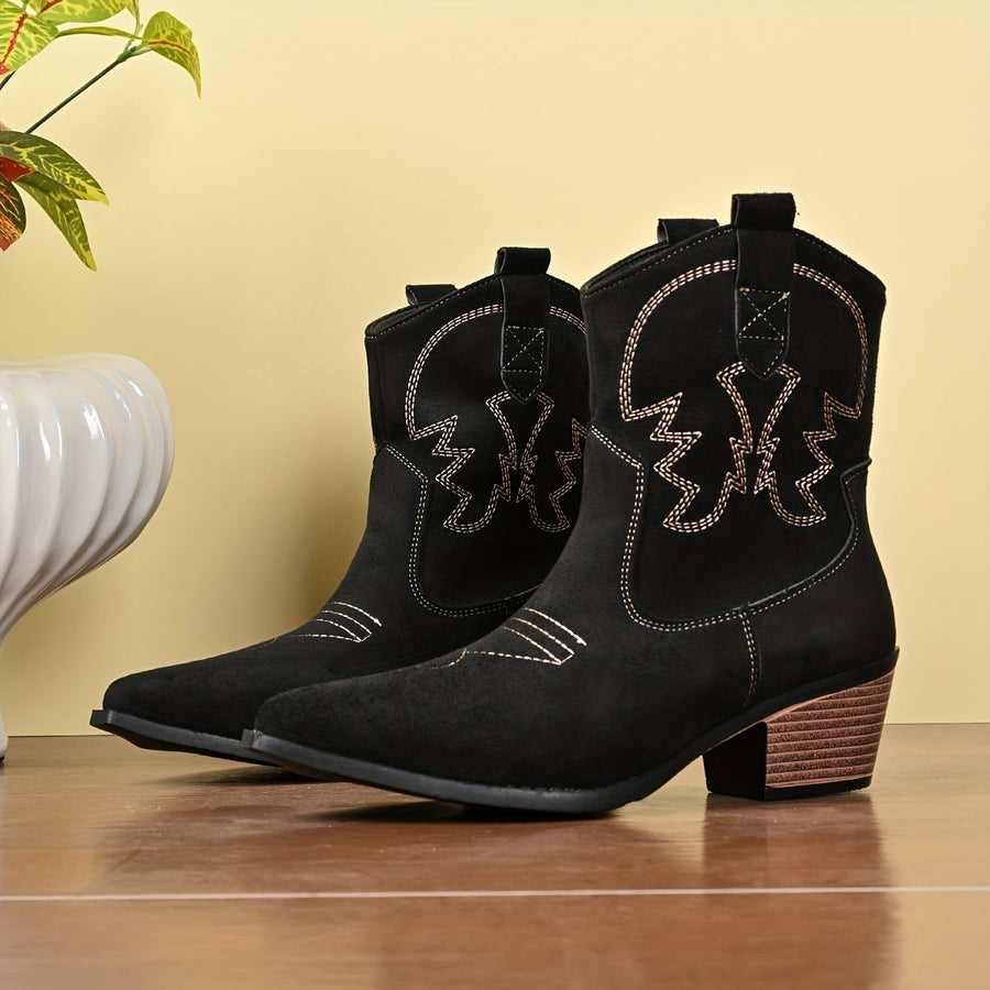 Bottes Western Femme à Talon Carré et Broderies Style Cowboy