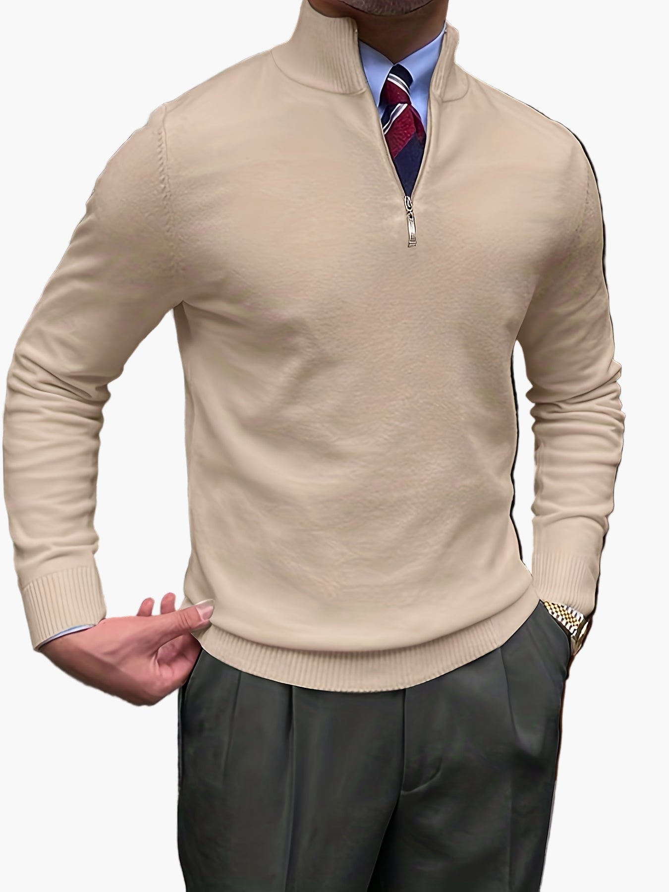 Pull homme col montant zippé style élégant pour affaires et loisirs